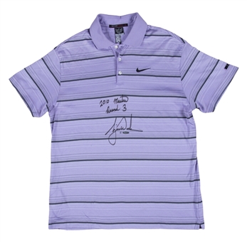 2010 Tiger Woods Masters Used & Signed & Inscribed Nike Polo Used In Round 3 - Finished Tied For 4th (UDA & PSA/DNA)